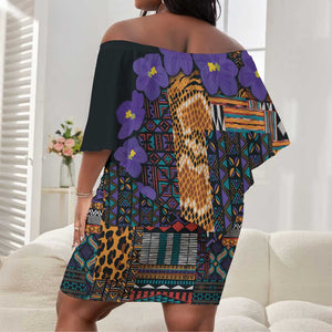 Afro Violets Flowers Off Shoulder Short Dress Mix Native Tribal Pattern