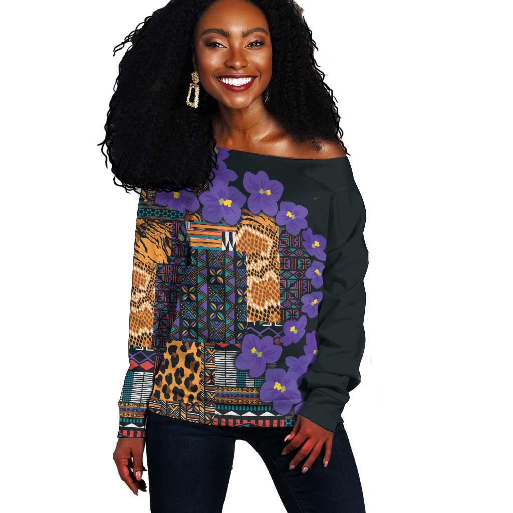 Afro Violets Flowers Off Shoulder Sweater Mix Native Tribal Pattern