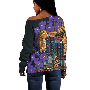 Afro Violets Flowers Off Shoulder Sweater Mix Native Tribal Pattern