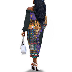 Afro Violets Flowers Off The Shoulder Long Sleeve Dress Mix Native Tribal Pattern