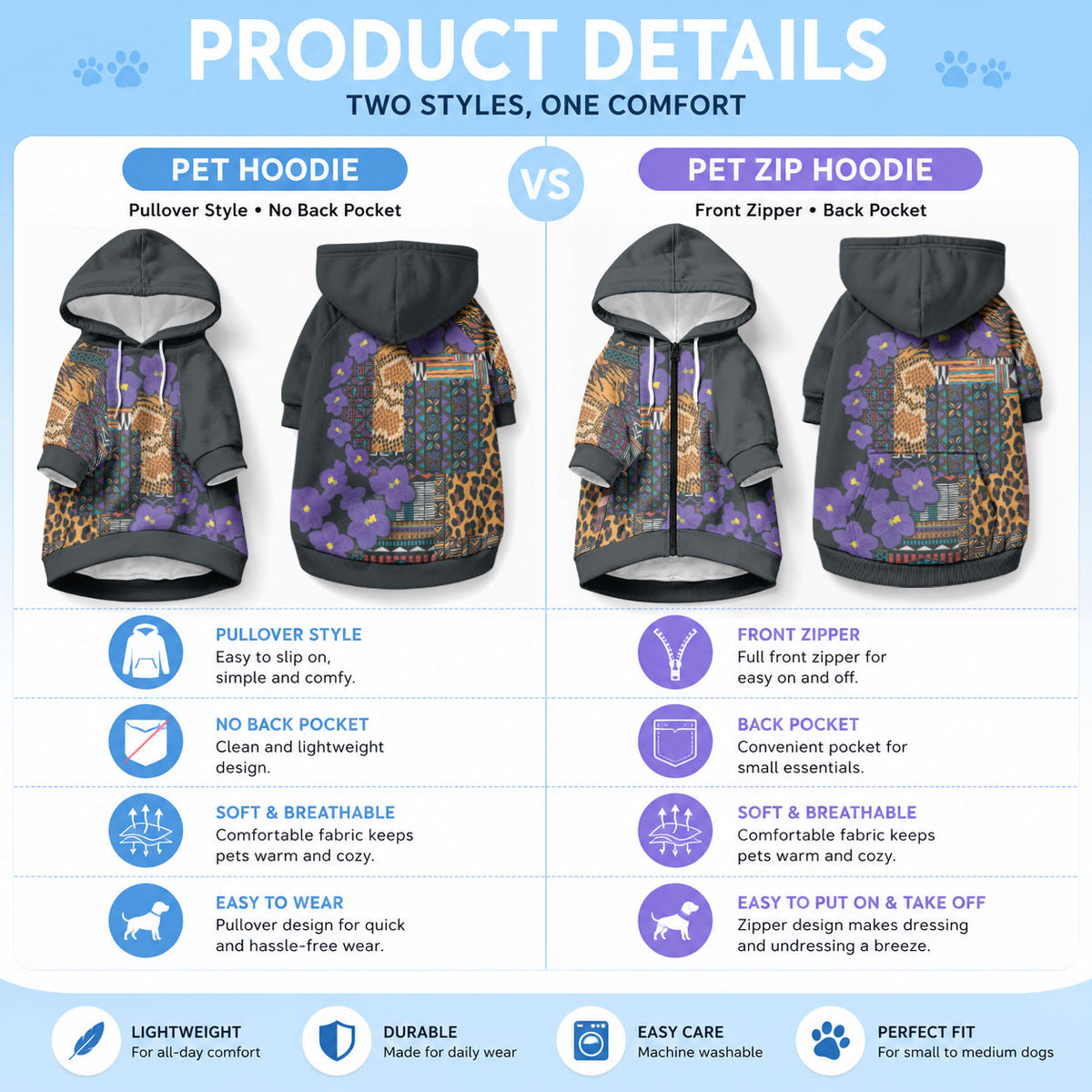 Africa Violets Flowers Pet Hoodie Mix Native Tribal Pattern