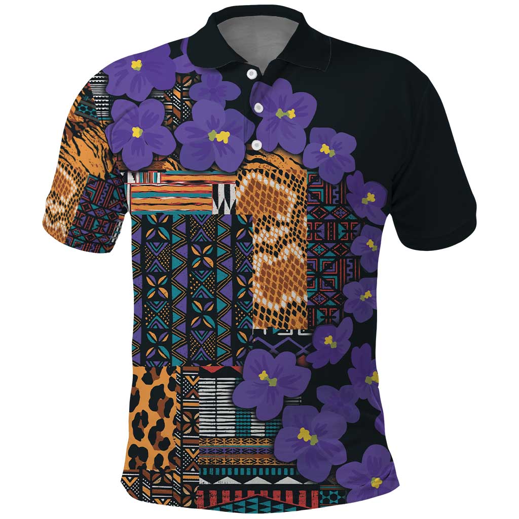 Afro Violets Flowers Polo Shirt Mix Native Tribal Pattern