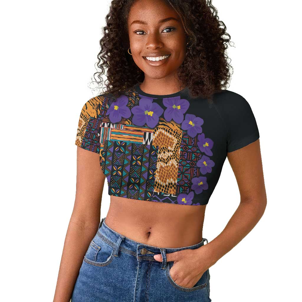 Afro Violets Flowers Raglan Cropped T shirt Mix Native Tribal Pattern