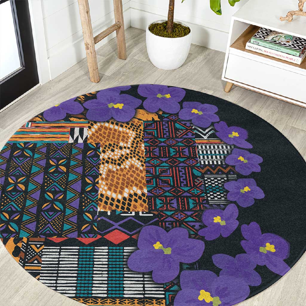 Afro Violets Flowers Round Carpet Mix Native Tribal Pattern