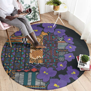 Afro Violets Flowers Round Carpet Mix Native Tribal Pattern