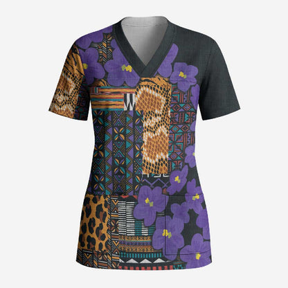 Africa Violets Flowers Scrub Top Mix Native Tribal Pattern