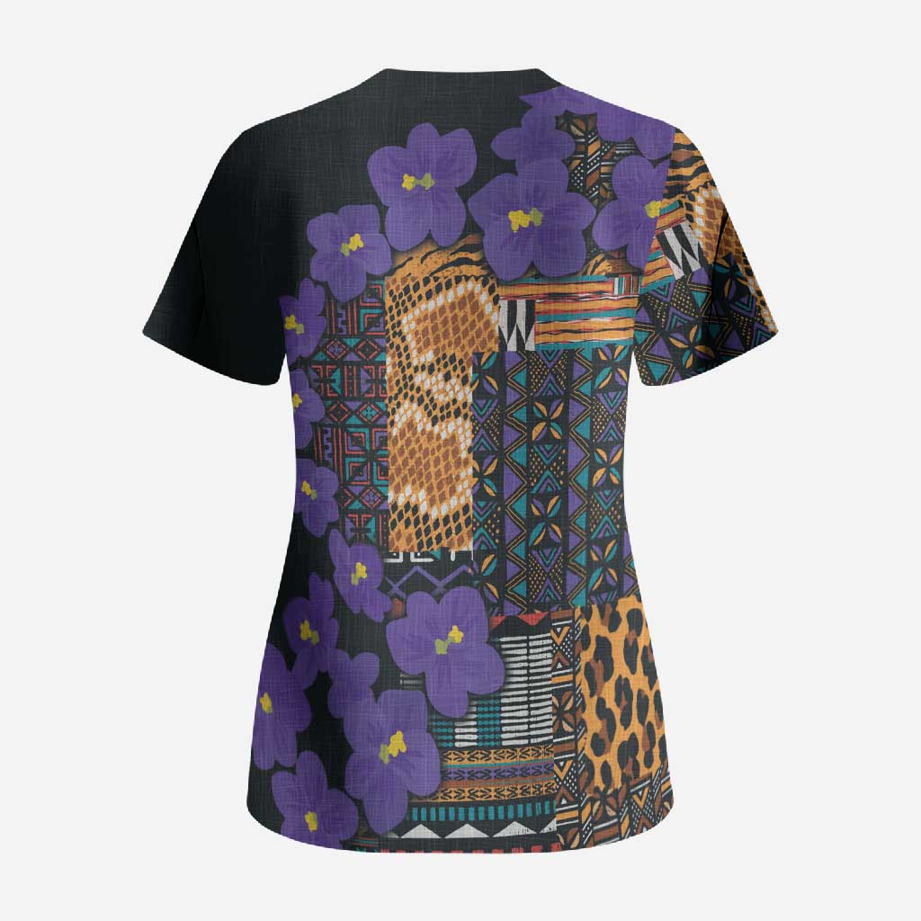 Africa Violets Flowers Scrub Top Mix Native Tribal Pattern