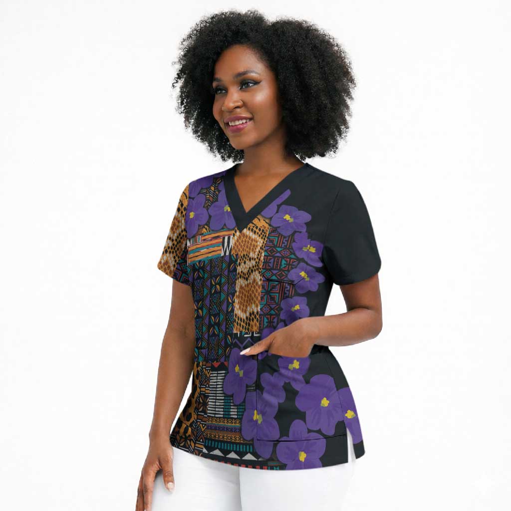 Africa Violets Flowers Scrub Top Mix Native Tribal Pattern