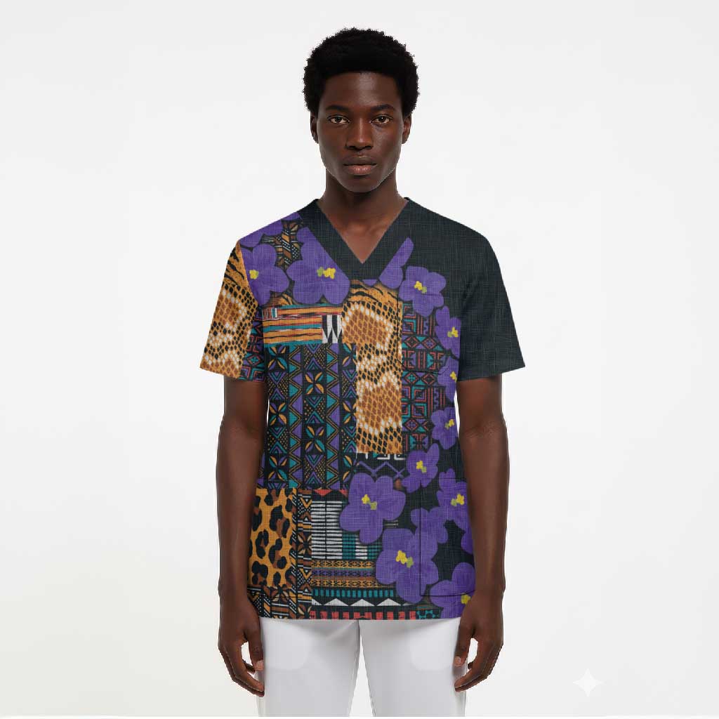 Africa Violets Flowers Scrub Top Mix Native Tribal Pattern