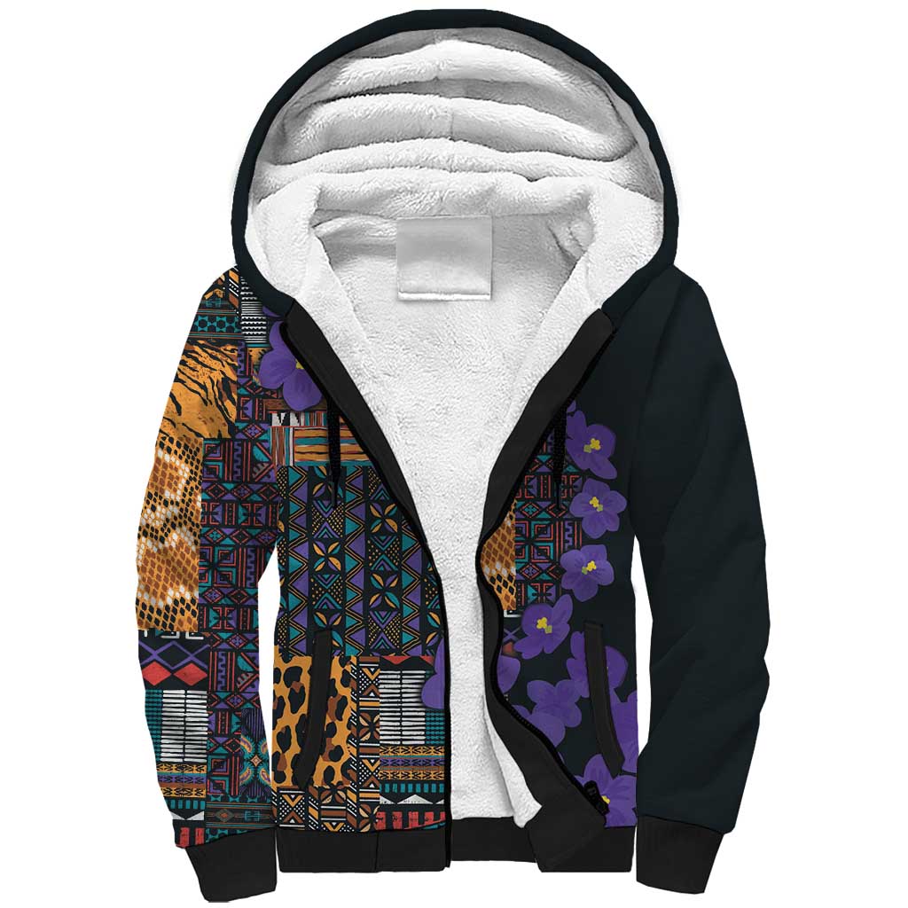 Afro Violets Flowers Sherpa Hoodie Mix Native Tribal Pattern