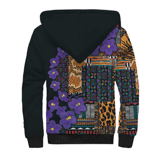 Afro Violets Flowers Sherpa Hoodie Mix Native Tribal Pattern