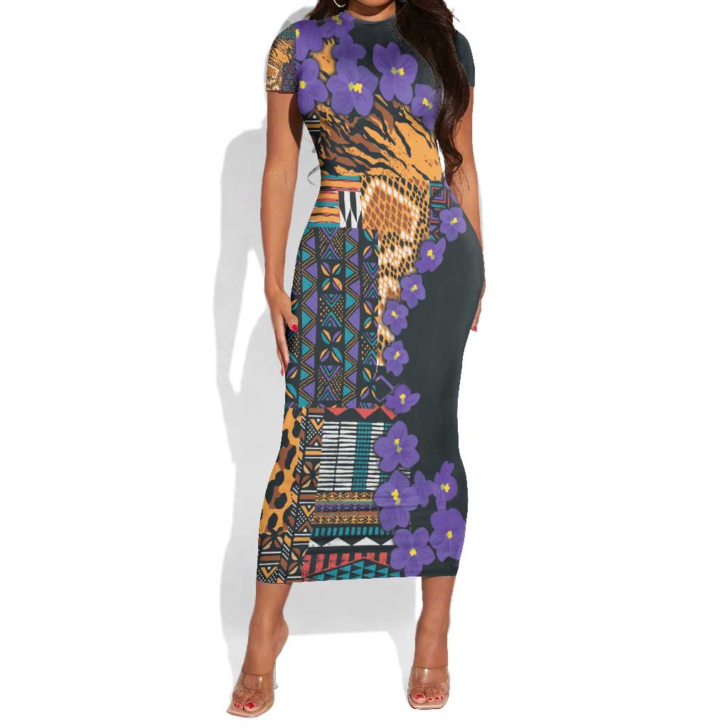 Afro Violets Flowers Short Sleeve Bodycon Dress Mix Native Tribal Pattern