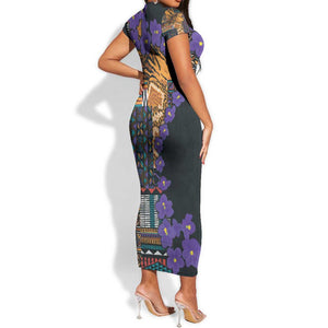 Afro Violets Flowers Short Sleeve Bodycon Dress Mix Native Tribal Pattern