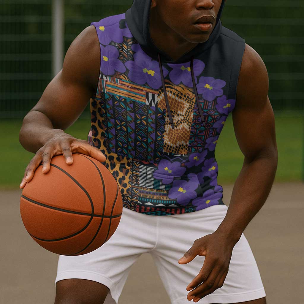 Afro Violets Flowers Sleeveless Hoodie Mix Native Tribal Pattern - African Pride