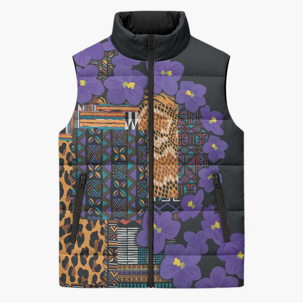 Africa Violets Flowers Sleeveless Puffer Jacket Mix Native Tribal Pattern