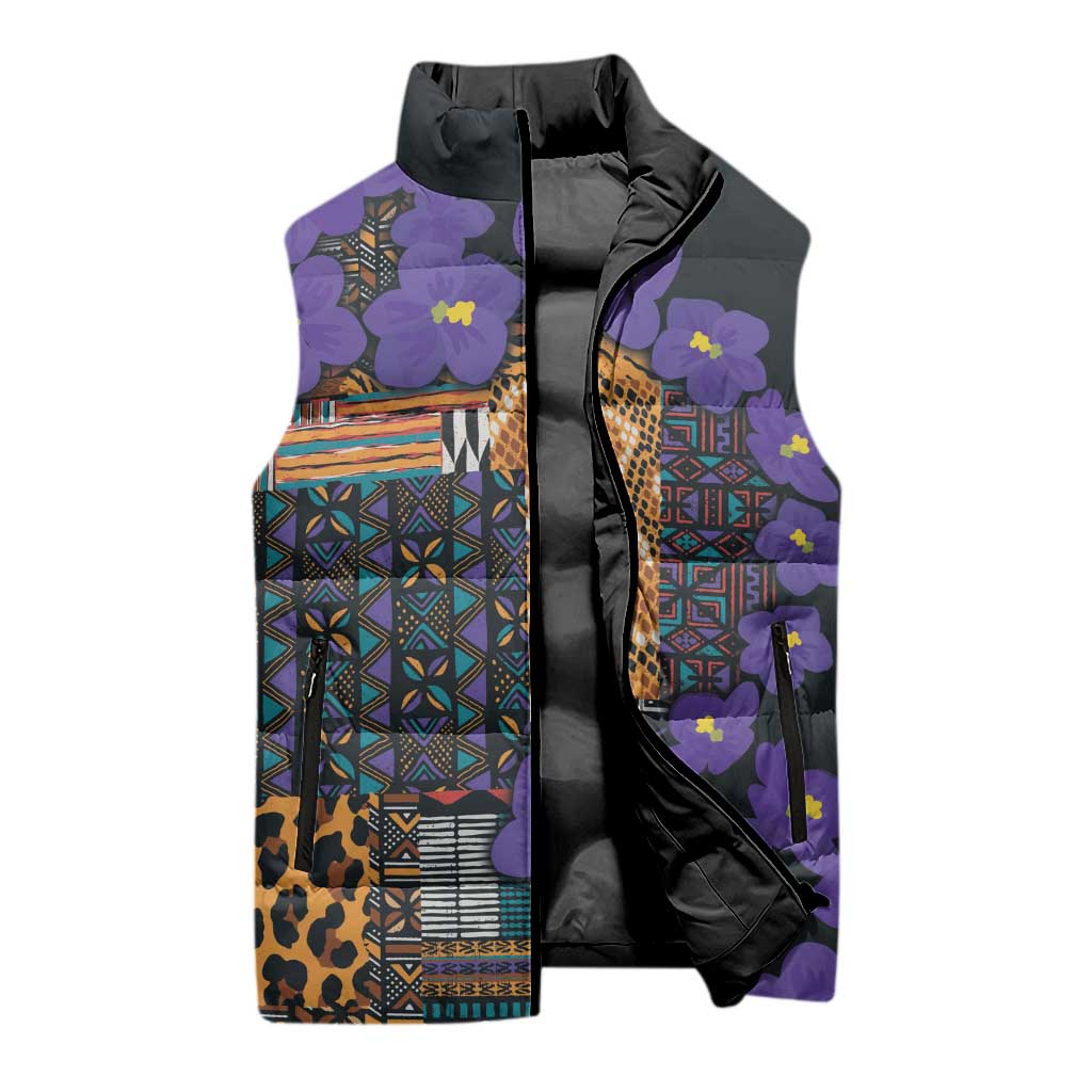 Africa Violets Flowers Sleeveless Puffer Jacket Mix Native Tribal Pattern
