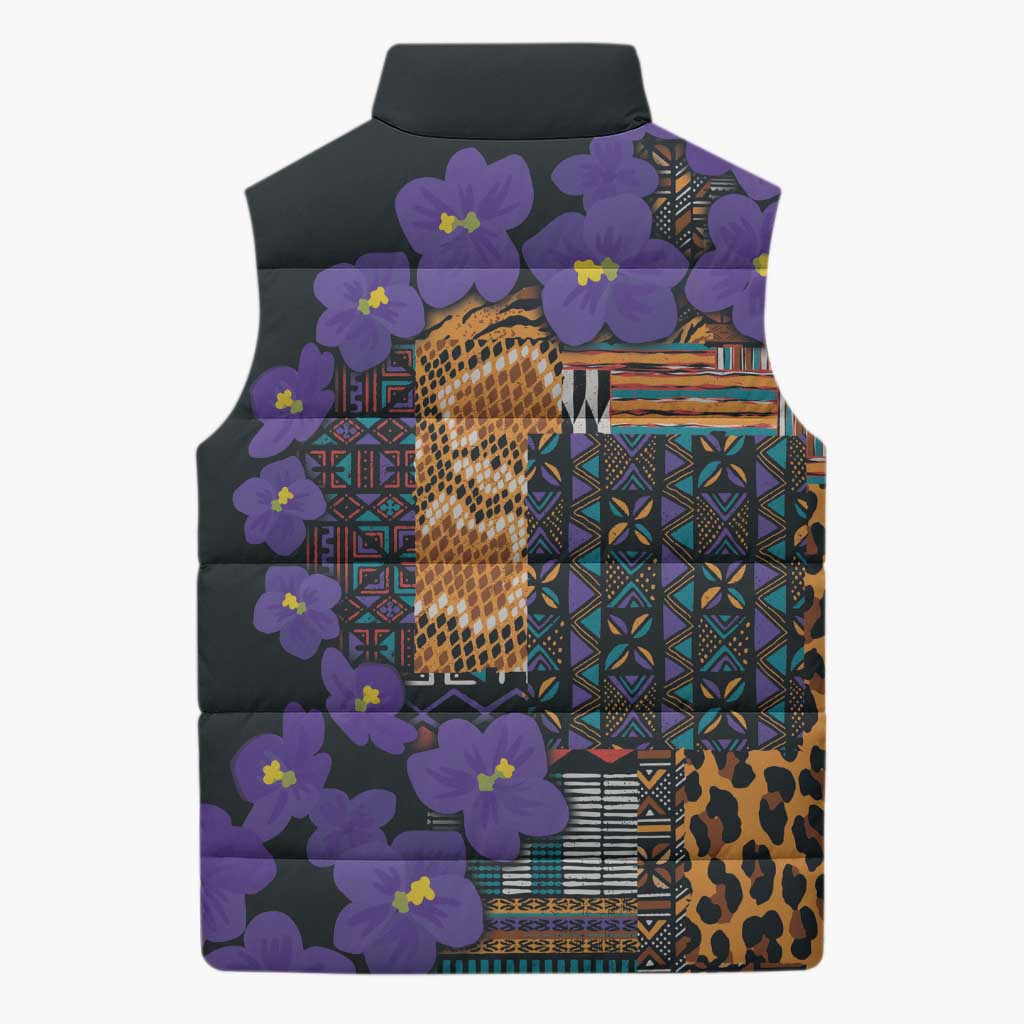 Africa Violets Flowers Sleeveless Puffer Jacket Mix Native Tribal Pattern