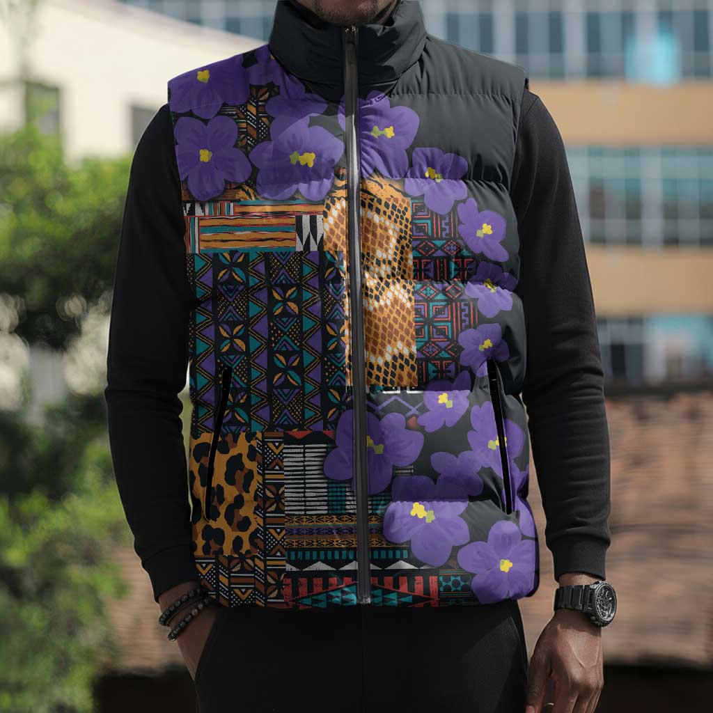 Africa Violets Flowers Sleeveless Puffer Jacket Mix Native Tribal Pattern