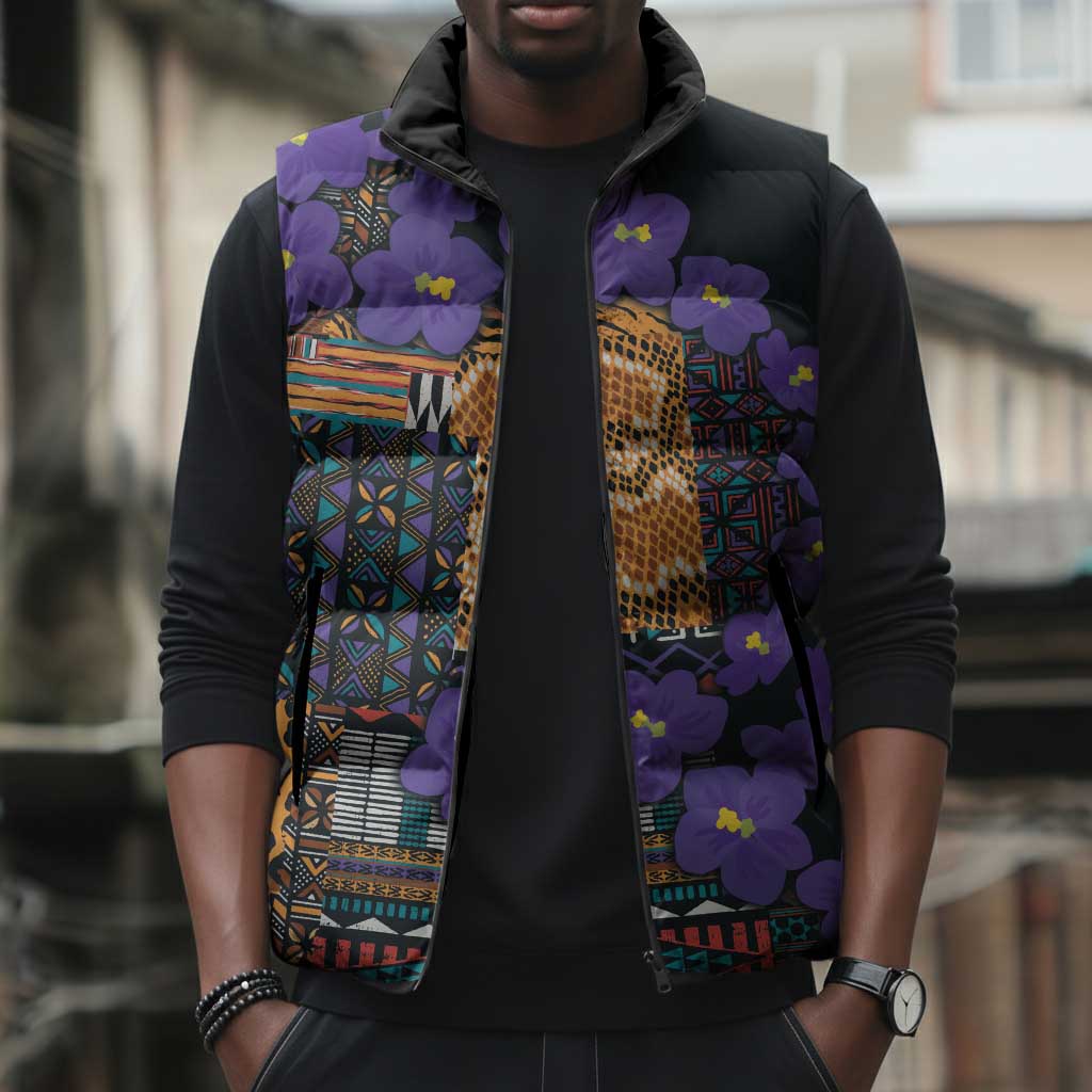 Africa Violets Flowers Sleeveless Puffer Jacket Mix Native Tribal Pattern