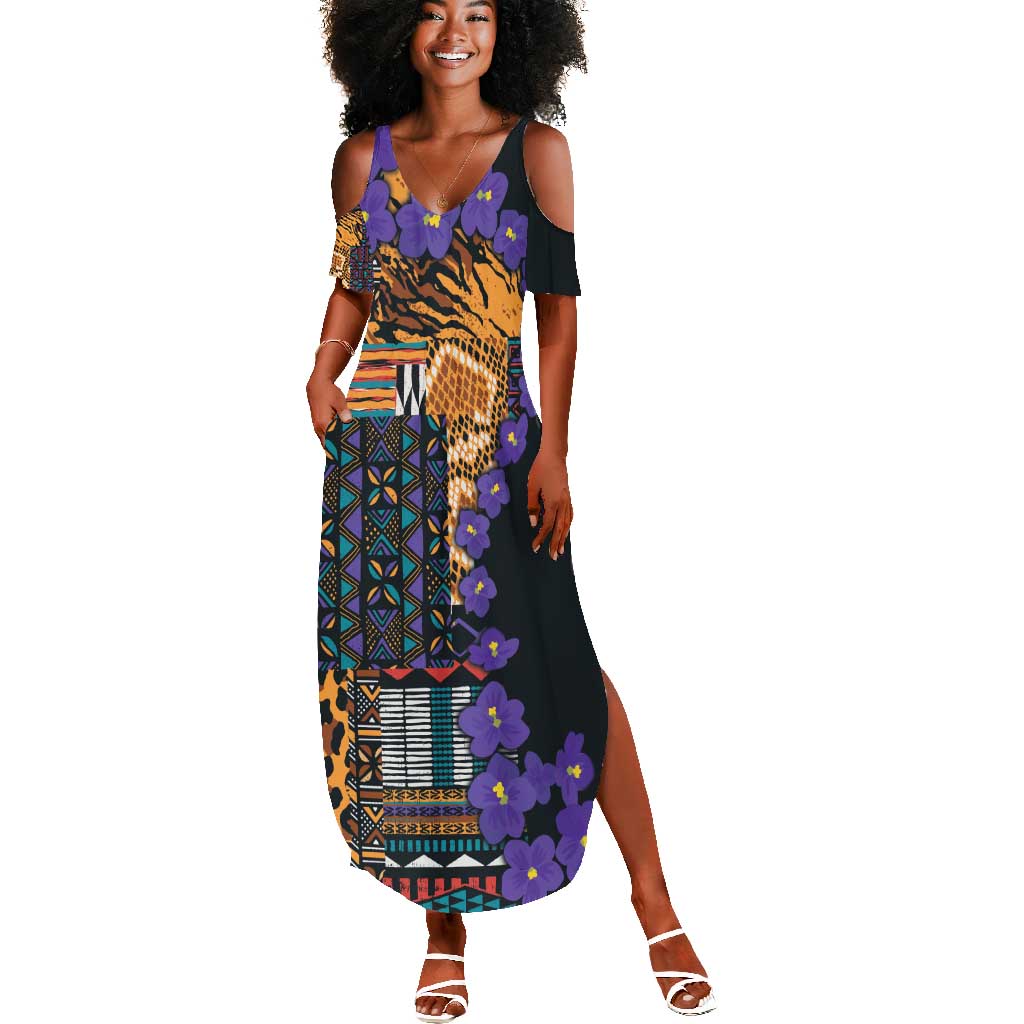 Afro Violets Flowers Summer Maxi Dress Mix Native Tribal Pattern