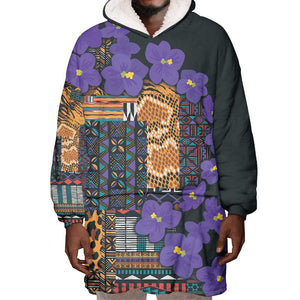 Afro Violets Flowers Wearable Blanket Hoodie Mix Native Tribal Pattern