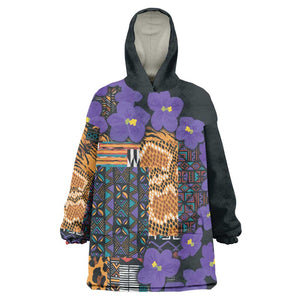 Afro Violets Flowers Wearable Blanket Hoodie Mix Native Tribal Pattern