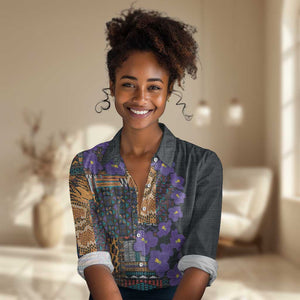 Afro Violets Flowers Women Casual Shirt Mix Native Tribal Pattern