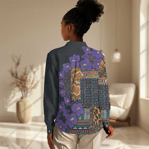 Afro Violets Flowers Women Casual Shirt Mix Native Tribal Pattern