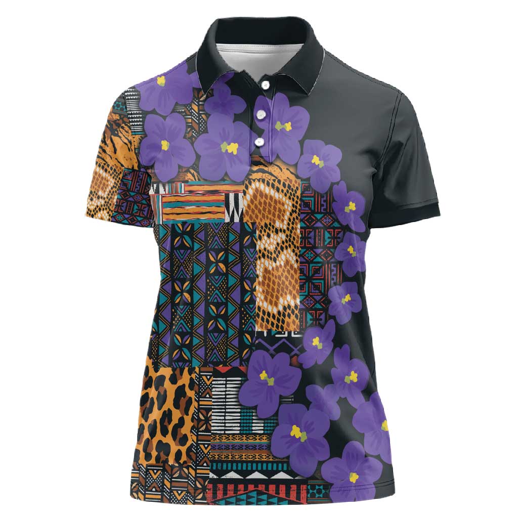 Afro Violets Flowers Women Polo Shirt Mix Native Tribal Pattern