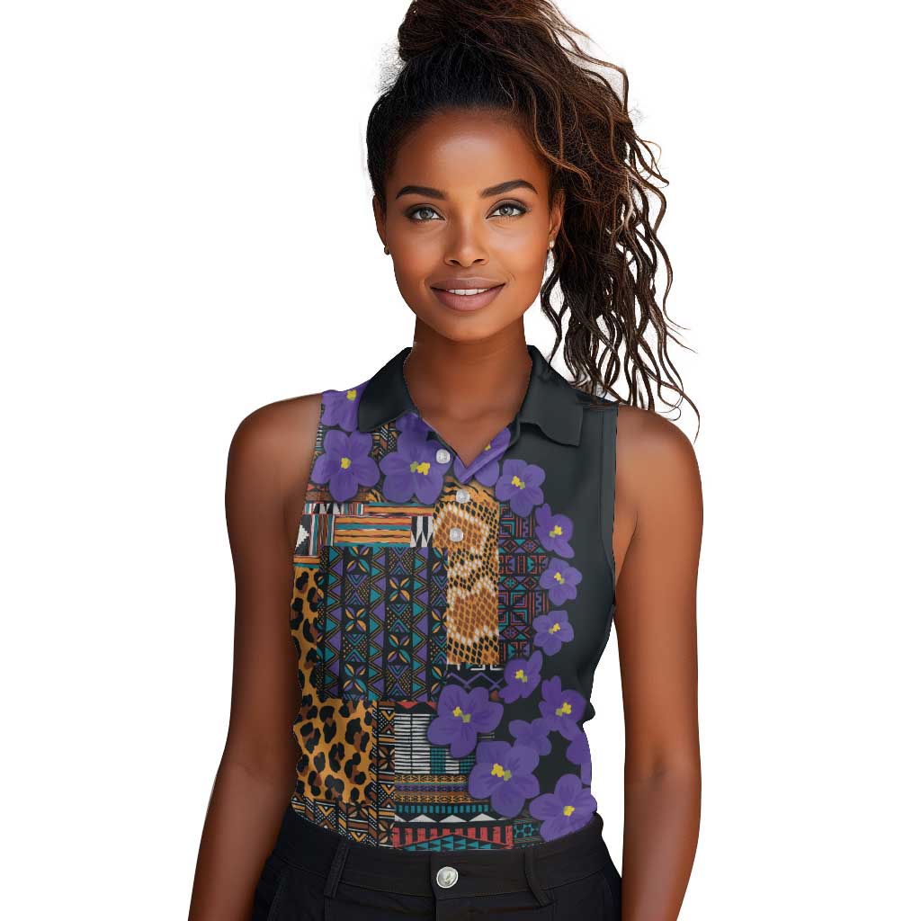 Afro Violets Flowers Women Sleeveless Polo Shirt Mix Native Tribal Pattern