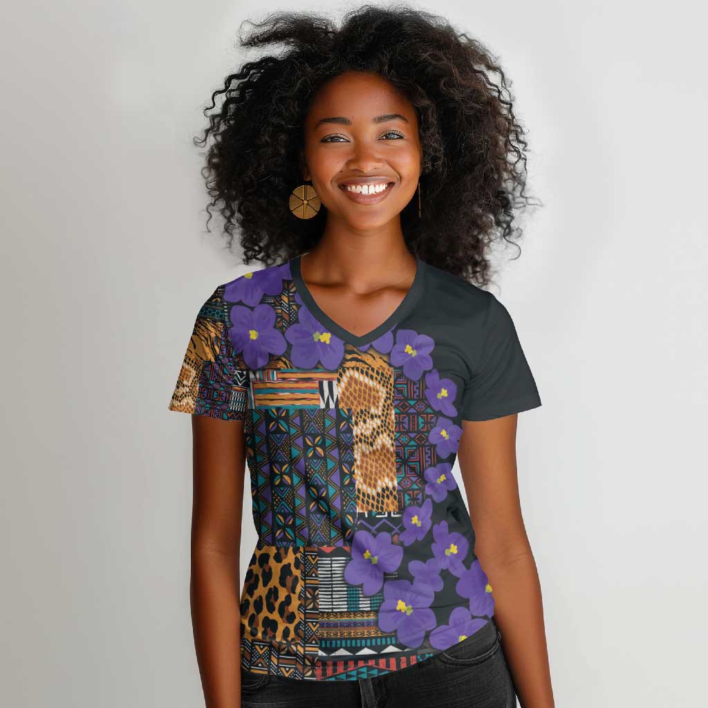 Afro Violets Flowers Women V-Neck T-Shirt Mix Native Tribal Pattern