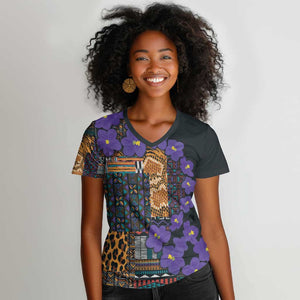 Afro Violets Flowers Women V-Neck T-Shirt Mix Native Tribal Pattern