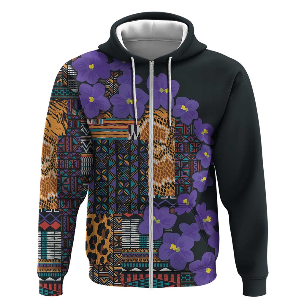 Afro Violets Flowers Zip Hoodie Mix Native Tribal Pattern