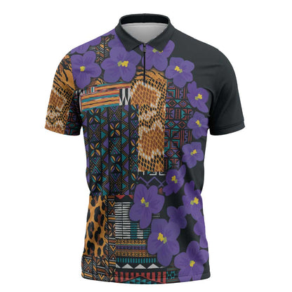 Africa Violets Flowers Zipper Polo Shirt Mix Native Tribal Pattern