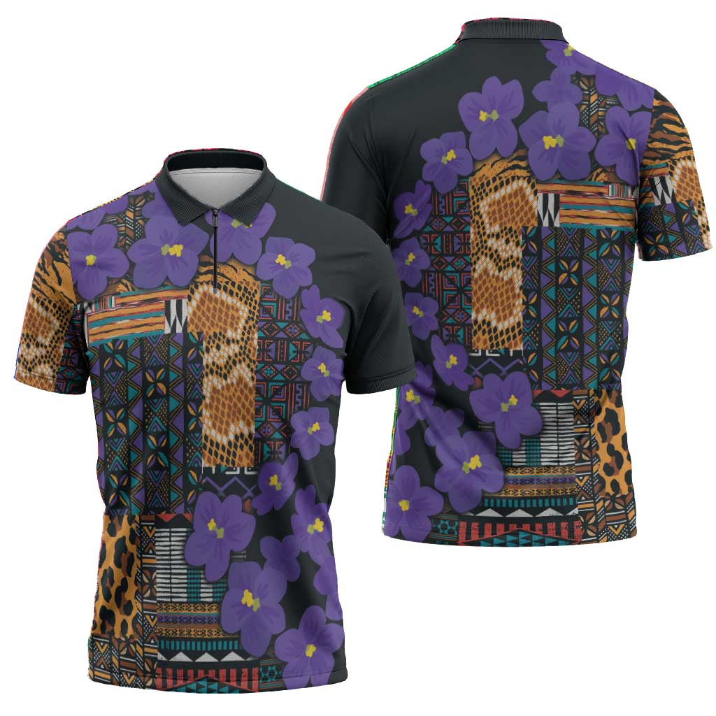 Africa Violets Flowers Zipper Polo Shirt Mix Native Tribal Pattern