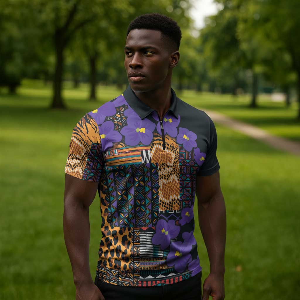 Africa Violets Flowers Zipper Polo Shirt Mix Native Tribal Pattern