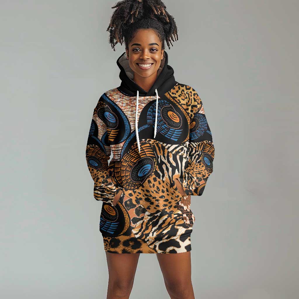 African Ankara Motifs Mixed Animal Skins Hoodie Dress