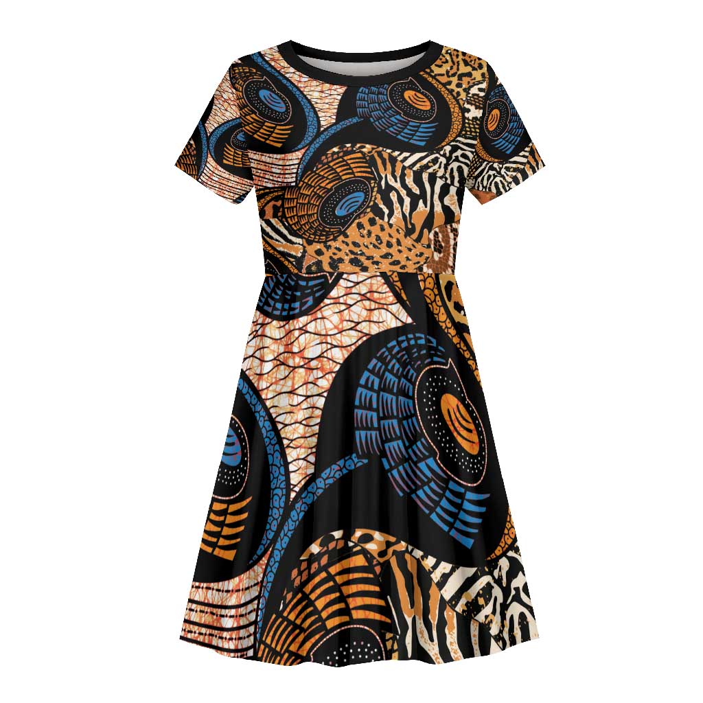 African Ankara Motifs Mixed Animal Skins Kid Short Sleeve Dress