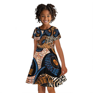 African Ankara Motifs Mixed Animal Skins Kid Short Sleeve Dress