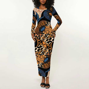 African Ankara Motifs Mixed Animal Skins Long Sleeve Bodycon Dress