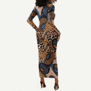 African Ankara Motifs Mixed Animal Skins Long Sleeve Bodycon Dress