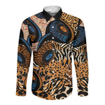 African Ankara Motifs Mixed Animal Skins Long Sleeve Button Shirt