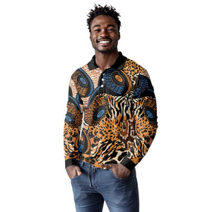 African Ankara Motifs Mixed Animal Skins Long Sleeve Polo Shirt