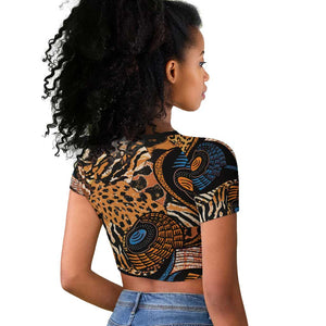 African Ankara Motifs Mixed Animal Skins Raglan Cropped T shirt