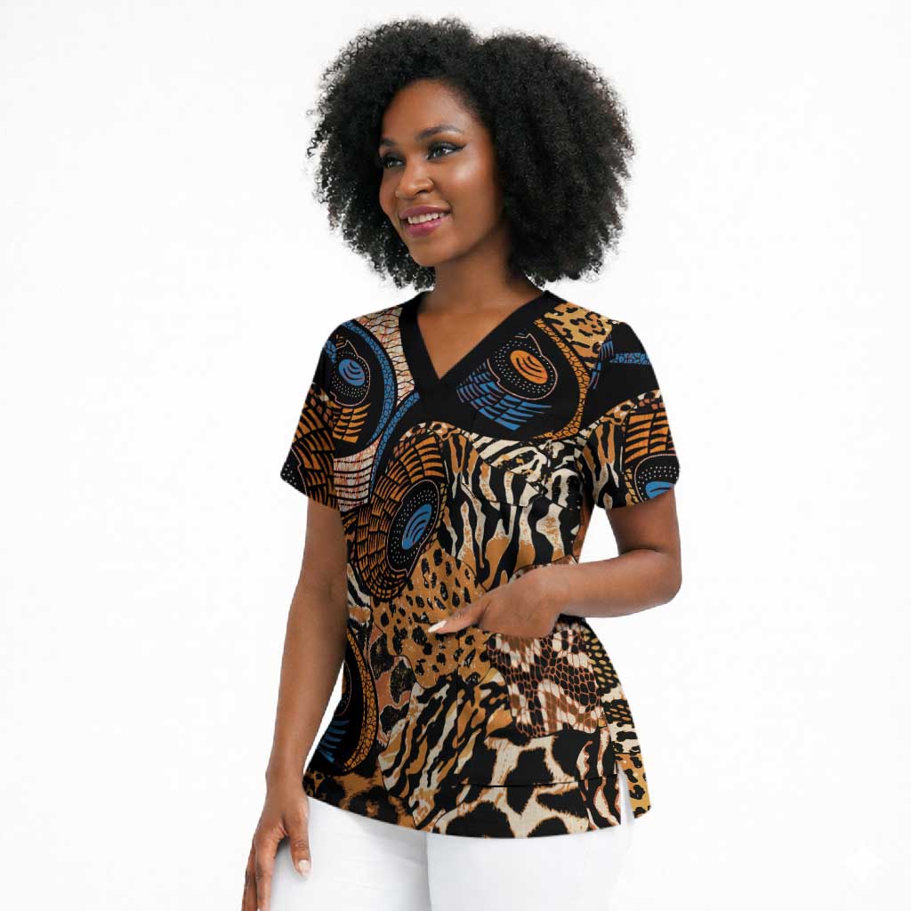 African Ankara Motifs Mixed Animal Skins Scrub Top