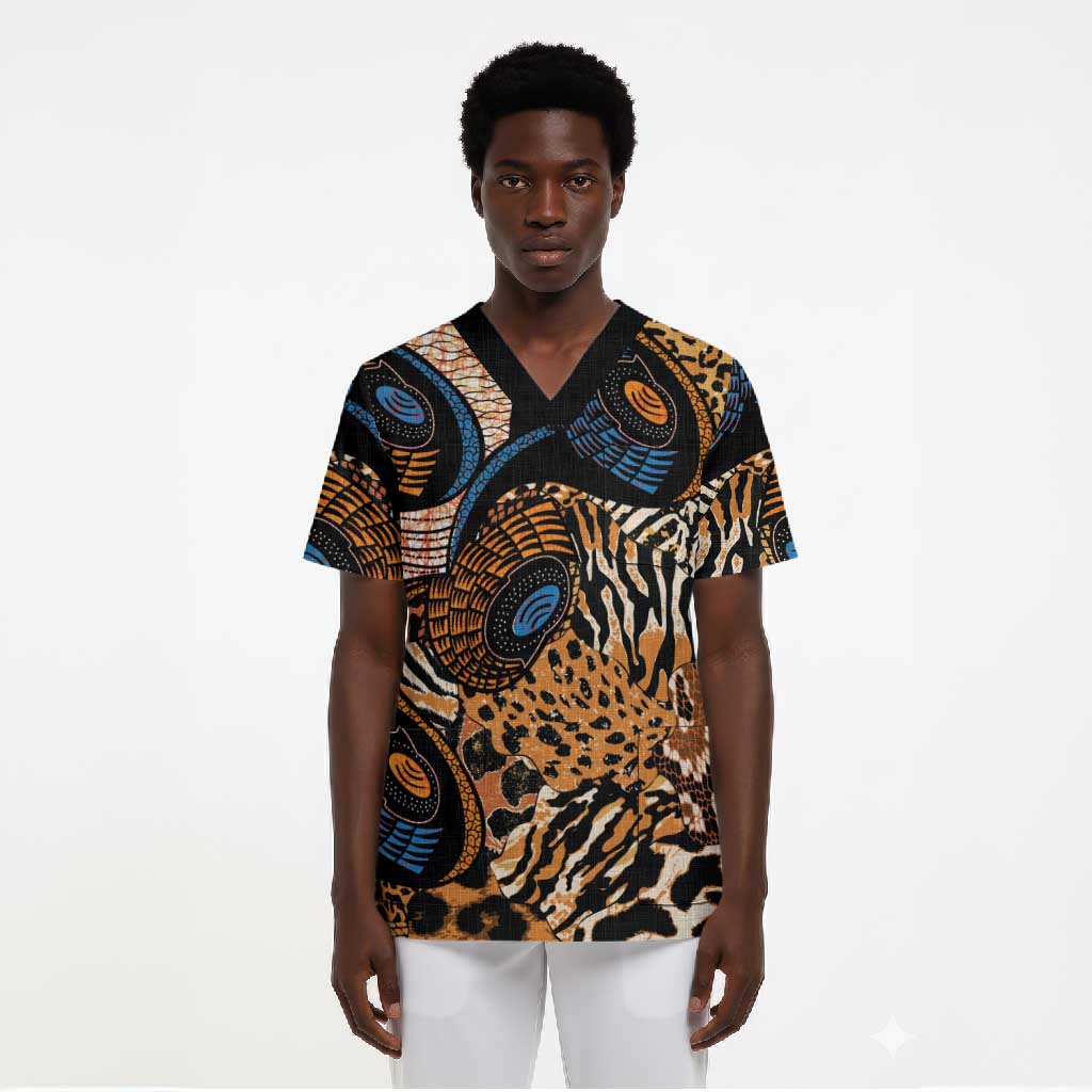 African Ankara Motifs Mixed Animal Skins Scrub Top
