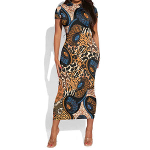 African Ankara Motifs Mixed Animal Skins Short Sleeve Bodycon Dress