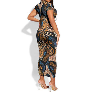 African Ankara Motifs Mixed Animal Skins Short Sleeve Bodycon Dress