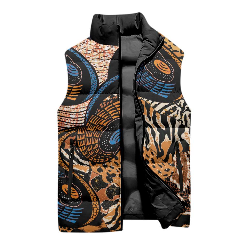 African Ankara Motifs Mixed Animal Skins Sleeveless Puffer Jacket