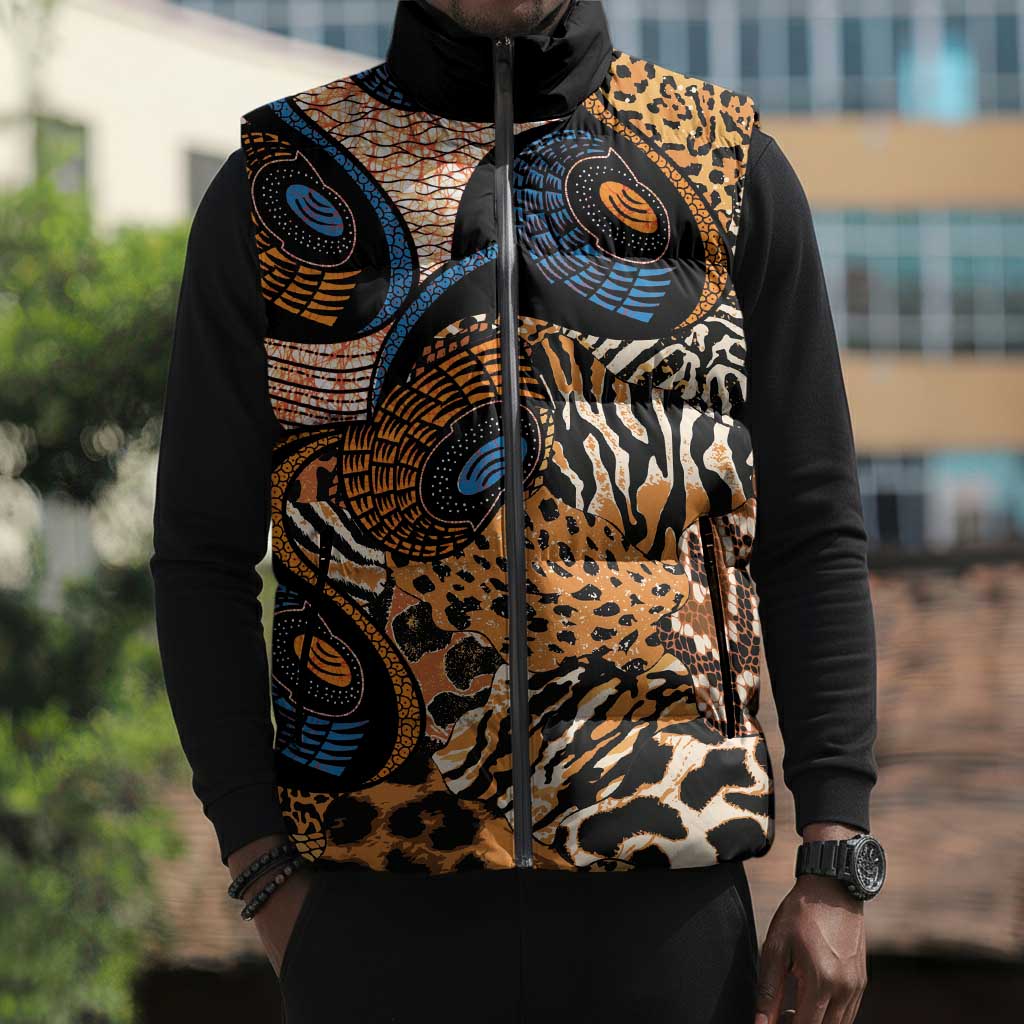 African Ankara Motifs Mixed Animal Skins Sleeveless Puffer Jacket